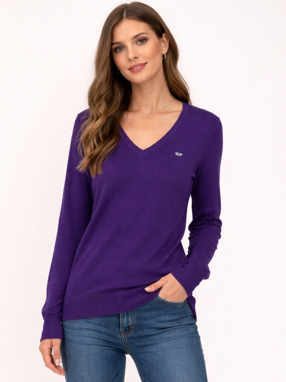 Vineyard Vines Purple Whale Logo Cotton V-Neck Long Sleeve Sweater